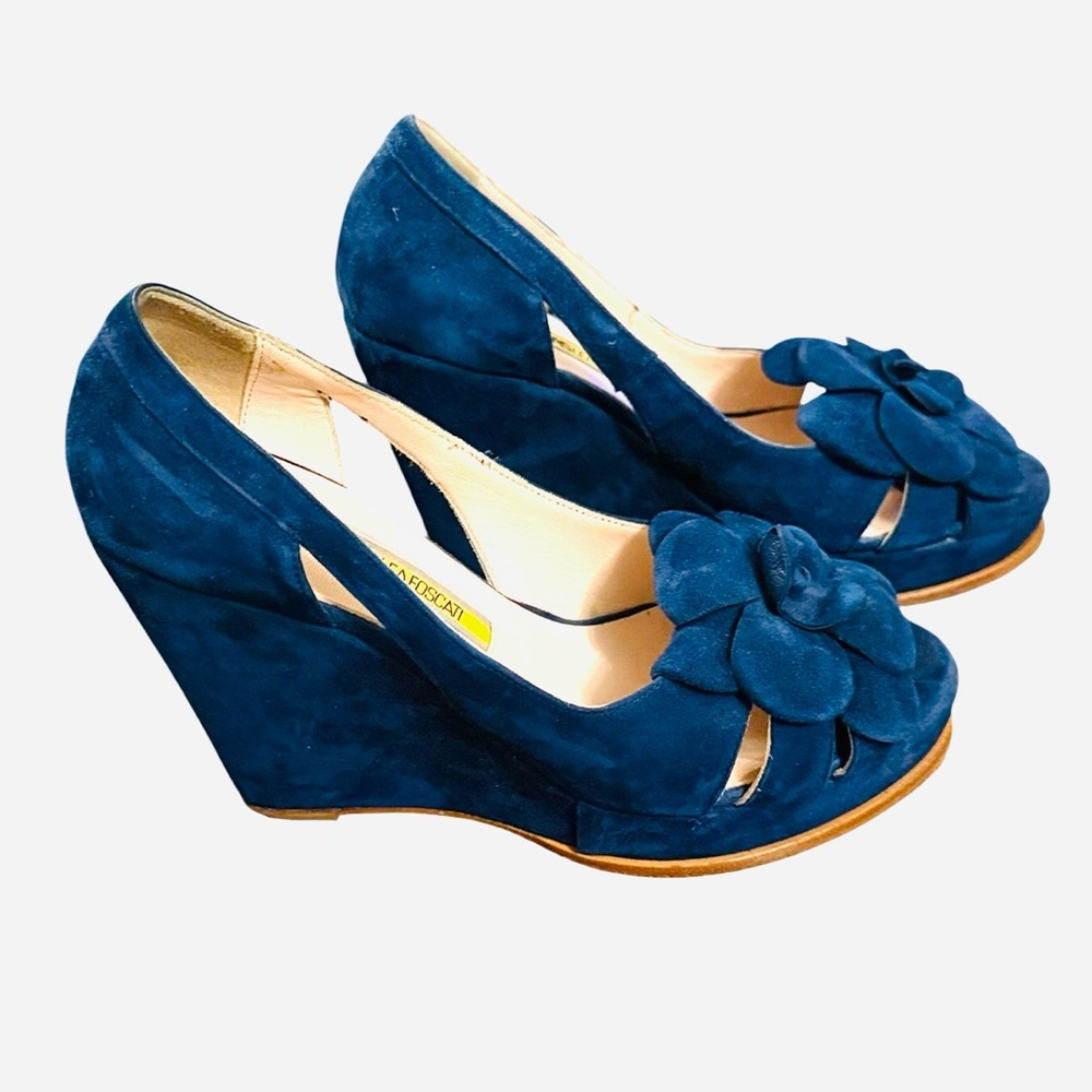Manas Lea Foscati Blue Suede Floral Wedge Heels Made in Italy Size 6